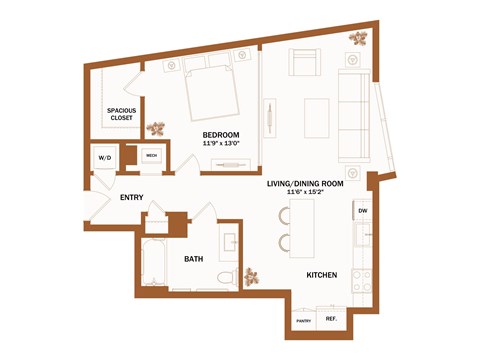 A floor plan of a house with a bedroom, living room, kitchen, bathroom, and a spacious closet.